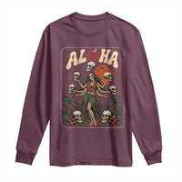 Aloha Skull Long Sleeve Shirt Hibiscus Flower Hula Dancer Dark Tropical Beach Gothic Hawaiian Vibe