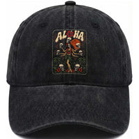 Aloha Skull Washed Cotton Baseball Cap Hibiscus Flower Hula Dancer Dark Tropical Beach Gothic Hawaiian Vibe