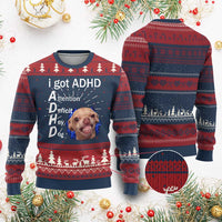Funny ADHD Dog Meme Knitted Sweatshirt Attention Deficit Hey Dog Humor Lovers - Wonder Print Shop