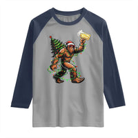 Santa Bigfoot Christmas Tree Raglan Shirt Xmas Lights Funny Sasquatch Beer - Wonder Print Shop