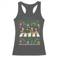 Festive Goose On The Loose Christmas Racerback Tank Top Cute Xmas Duck Silly Gooses Coquette Bow - Wonder Print Shop