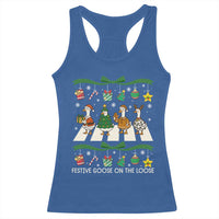 Festive Goose On The Loose Christmas Racerback Tank Top Cute Xmas Duck Silly Gooses Coquette Bow - Wonder Print Shop