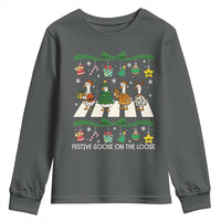 Festive Goose On The Loose Christmas Youth Sweatshirt Cute Xmas Duck Silly Gooses Coquette Bow - Wonder Print Shop