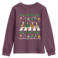 Festive Goose On The Loose Christmas Youth Sweatshirt Cute Xmas Duck Silly Gooses Coquette Bow - Wonder Print Shop