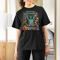 Stop ICE T Shirt For Women Funny Statue of Liberty Boho Floral Resist Retro