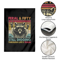 Funny 50th Birthday Garden Flag Retro Racoon Feral And Fifty