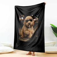 Goldendoodle Drinking Iced Coffee Throw Blanket Grunge Graphic Funny Dog Lover