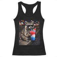 4th Of July Raccoon Drinking Slushie Racerback Tank Top Patriotic 250 Anniversary USA Trash Panda Funny Meme