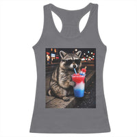 4th Of July Raccoon Drinking Slushie Racerback Tank Top Patriotic 250 Anniversary USA Trash Panda Funny Meme
