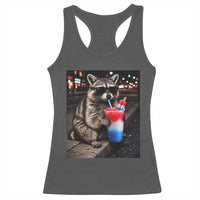 4th Of July Raccoon Drinking Slushie Racerback Tank Top Patriotic 250 Anniversary USA Trash Panda Funny Meme