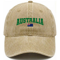 Green Yellow Australia Washed Cotton Baseball Cap Down Under Team Australia Flag Varsity Lettering Soccer Fans Football Tournament
