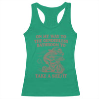 On My Way To The Genderless Bathroom To Take a She/It Racerback Tank Top Funny Frog Graphic