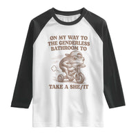 On My Way To The Genderless Bathroom To Take a She/It Raglan Shirt Funny Frog Graphic
