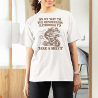 On My Way To The Genderless Bathroom To Take a She/It T Shirt For Women Funny Frog Graphic