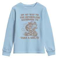 On My Way To The Genderless Bathroom To Take a She/It Youth Sweatshirt Funny Frog Graphic