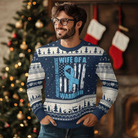 Wife Of A Warrior Prostate Cancer Awareness Ugly Christmas Sweater American Flag Blue Ribbon Graphic