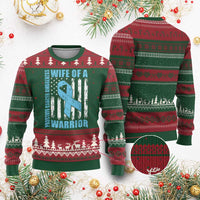 Wife Of A Warrior Prostate Cancer Awareness Ugly Christmas Sweater American Flag Blue Ribbon Graphic