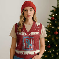 Wife Of A Warrior Prostate Cancer Awareness V-Neck Knit Sweater Vest American Flag Blue Ribbon Graphic
