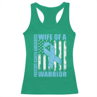 Wife Of A Warrior Prostate Cancer Awareness Racerback Tank Top American Flag Blue Ribbon Graphic