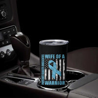 Wife Of A Warrior Prostate Cancer Awareness Tumbler Cup American Flag Blue Ribbon Graphic