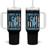 Wife Of A Warrior Prostate Cancer Awareness Tumbler With Handle American Flag Blue Ribbon Graphic