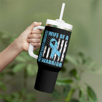 Wife Of A Warrior Prostate Cancer Awareness Tumbler With Handle American Flag Blue Ribbon Graphic