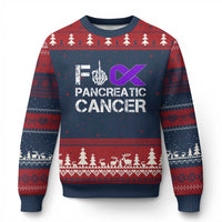 Fck Pancreatic Cancer Ugly Christmas Sweater Purple Ribbon Skeleton Hand Graphic