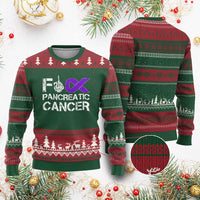 Fck Pancreatic Cancer Ugly Christmas Sweater Purple Ribbon Skeleton Hand Graphic