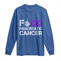 Fck Pancreatic Cancer Long Sleeve Shirt Purple Ribbon Skeleton Hand Graphic