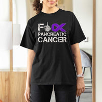 Fck Pancreatic Cancer T Shirt For Women Purple Ribbon Skeleton Hand Graphic