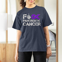 Fck Pancreatic Cancer T Shirt For Women Purple Ribbon Skeleton Hand Graphic
