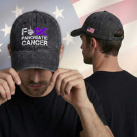 Fck Pancreatic Cancer Washed Cotton Baseball Cap Purple Ribbon Skeleton Hand Graphic
