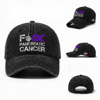 Fck Pancreatic Cancer Washed Cotton Baseball Cap Purple Ribbon Skeleton Hand Graphic