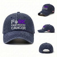 Fck Pancreatic Cancer Washed Cotton Baseball Cap Purple Ribbon Skeleton Hand Graphic