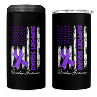 Support Squad Overdose Awareness 4 in 1 Can Cooler Tumbler Purple Ribbon American Flag Graphic