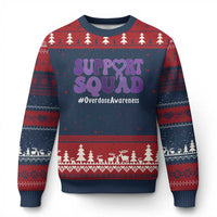 Support Squad Overdose Awareness Ugly Christmas Sweater Purple Ribbon Groovy Typography Graphic