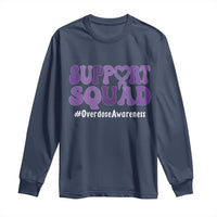 Support Squad Overdose Awareness Long Sleeve Shirt Purple Ribbon Groovy Typography Graphic