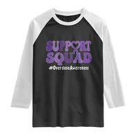 Support Squad Overdose Awareness Raglan Shirt Purple Ribbon Groovy Typography Graphic