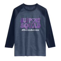 Support Squad Overdose Awareness Raglan Shirt Purple Ribbon Groovy Typography Graphic