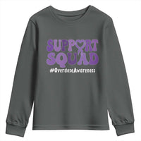 Support Squad Overdose Awareness Youth Sweatshirt Purple Ribbon Groovy Typography Graphic