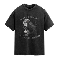 Funny Crow Coffee Washed Cotton T-Shirt Raven Spooky Halloween Hello Darkness My Old Friend