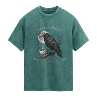 Funny Crow Coffee Washed Cotton T-Shirt Raven Spooky Halloween Hello Darkness My Old Friend