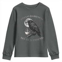 Funny Crow Coffee Youth Sweatshirt Raven Spooky Halloween Hello Darkness My Old Friend - Wonder Print Shop
