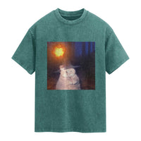 Wizard Cat Washed Cotton T-Shirt Weird Funny Retro Halloween Orange Cat Meme