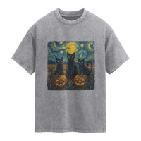 Cat Starry Night Washed Cotton T-Shirt Funny Cat Lover Gifts Halloween Van Gogh