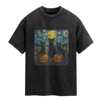 Cat Starry Night Washed Cotton T-Shirt Funny Cat Lover Gifts Halloween Van Gogh