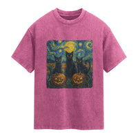 Cat Starry Night Washed Cotton T-Shirt Funny Cat Lover Gifts Halloween Van Gogh