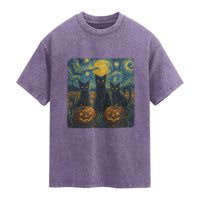 Cat Starry Night Washed Cotton T-Shirt Funny Cat Lover Gifts Halloween Van Gogh