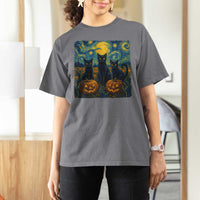Cat Starry Night T Shirt For Women Funny Cat Lover Gifts Halloween Van Gogh - Wonder Print Shop
