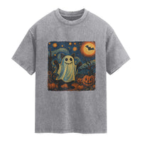 Funny Halloween Ghost Cat Washed Cotton T-Shirt Starry Night Van Gogh Cat Lover Gifts